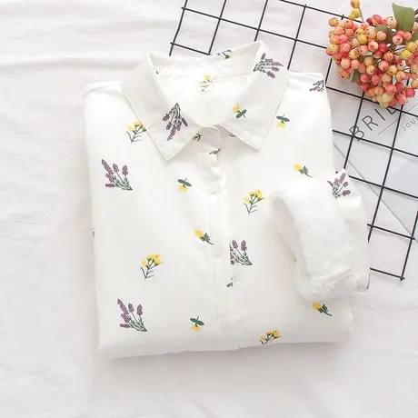 秋冬新款文艺小清新加绒加厚衬衫女长袖学生印花纯棉保暖打底上衣图片