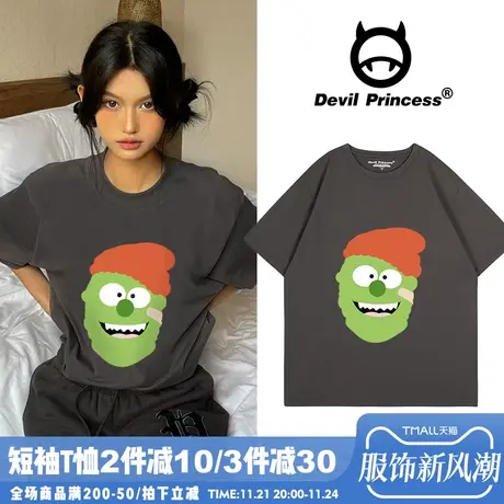 ulzzang小众街头ins风深灰色短袖t恤女宽松正肩卡通超火半袖上衣商品大图