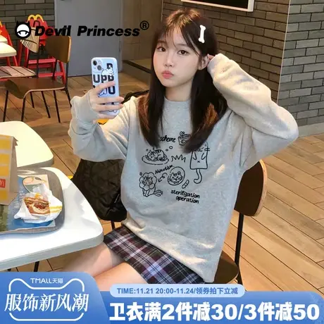 chic韩系通勤灰色卫衣女宽松涂鸦印花ulzzang设计感小众超火上衣商品大图