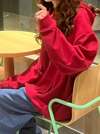 酒红色oversize连帽卫衣女大码薄款外套美式复古ins潮牌宽松上衣商品大图