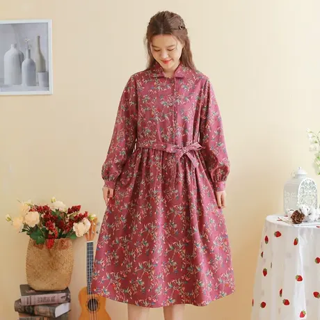 【买一送一】秋新品复古灯芯绒花朵连衣裙大码收腰显瘦长袖裙子商品大图