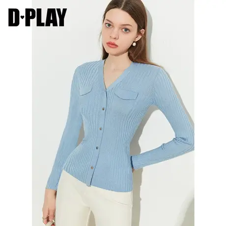 DPLAY夏气质优雅空气蓝修身短款假门襟V领针织套头针织衫女商品大图