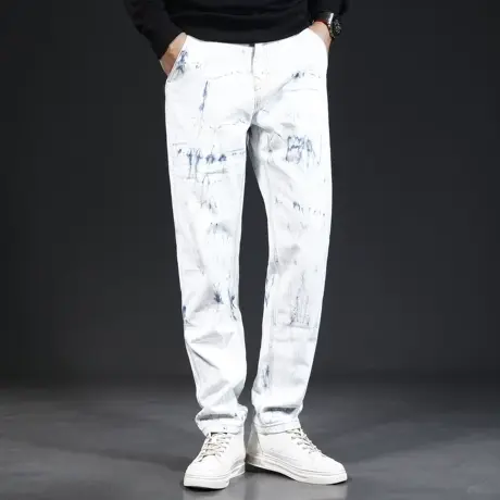 裤子潮牌痞帅炸街男潮流白色牛仔裤男直筒宽松美式休闲男士裤子图片