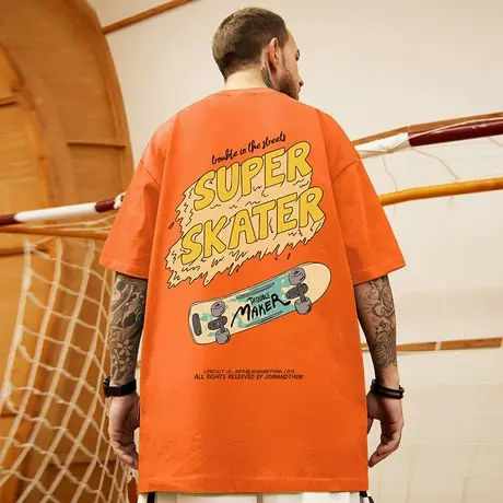 橙色t恤美式字母嘻哈加肥加大胖子短袖街头大码男装圆领纯棉半袖图片