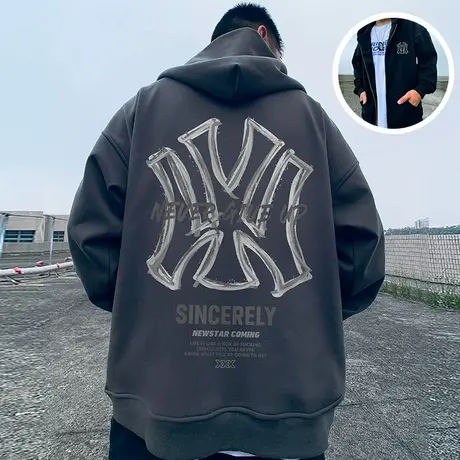 oversize春秋冬季宽松加肥加大码连帽加绒开衫胖子卫衣男灰色外套商品大图