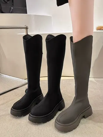 网红长筒靴女2023秋冬新款韩版ins厚底骑士靴高筒长靴v口显瘦瘦靴商品大图