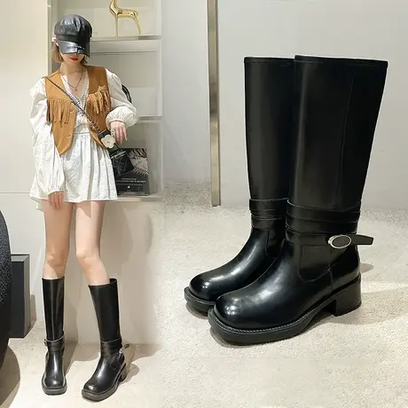 不过膝长筒靴2024秋冬季百搭新款粗跟厚底大筒围高筒骑士靴中筒靴商品大图
