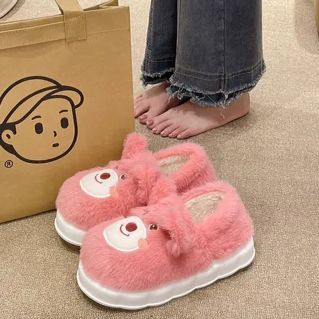 月子棉拖鞋女冬季厚底外穿可爱卡通小熊室内居家毛绒包跟保暖棉鞋商品大图