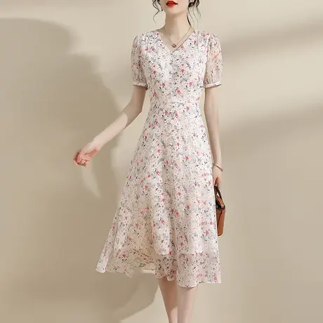 【1件7.9折】中长款雪纺绉连衣裙夏季新款收腰显瘦V领短袖印花裙商品大图