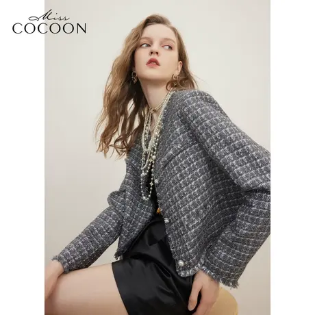 missCOCOON老钱风小香风2023冬装新款女垫肩设计金属扣短外套商品大图