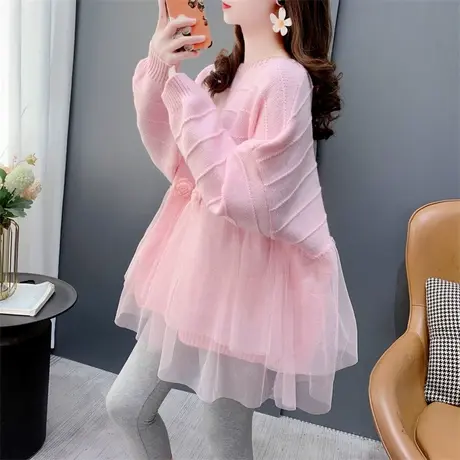 设计感网纱拼接圆领毛衣女秋冬2023年新款宽松洋气减龄很仙的上衣图片