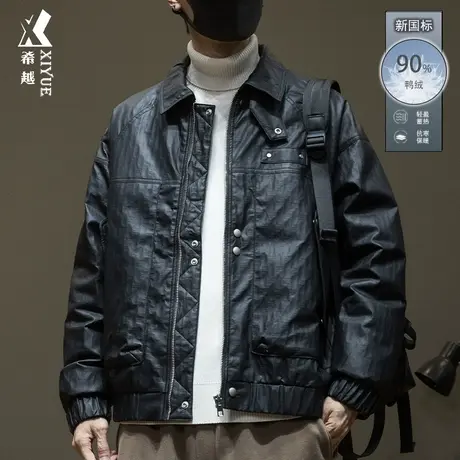 美式PU皮机车服外套男秋冬季新款宽松大码潮牌男士90白鸭绒羽绒服商品大图