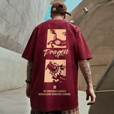 红色短袖t恤男胖2025新款重磅纯棉夏季蛇年加肥加大码上衣服半袖D商品大图