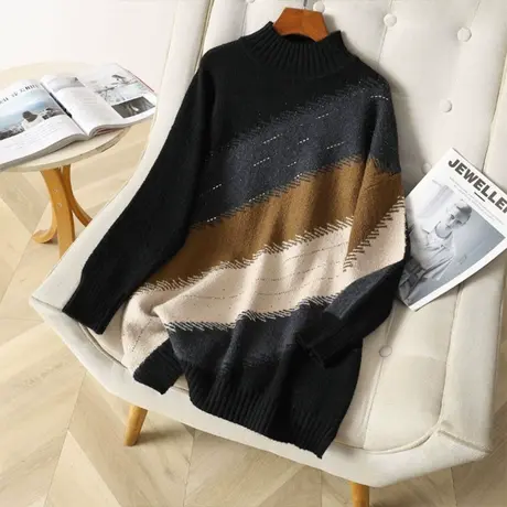 伊自尚韩版气质烫钻拼色毛衣女秋冬2023年新款大码上衣时尚女装潮图片