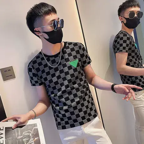 夏季男士t恤上衣短袖修身棋盘格格子半袖潮流圆领体恤休闲打底衫图片