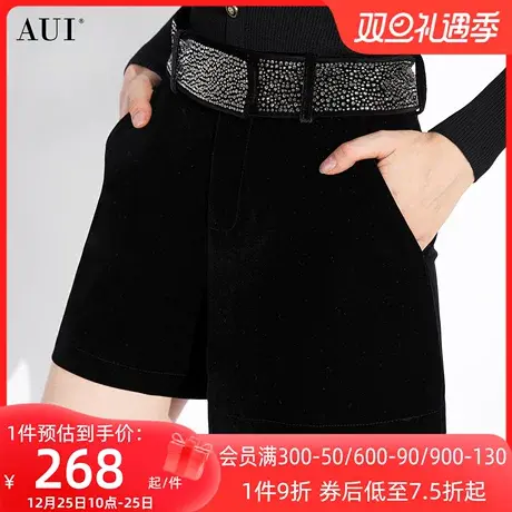 AUI黑色气质高腰显瘦丝绒阔腿短裤女2023冬新款百搭打底休闲裤子图片