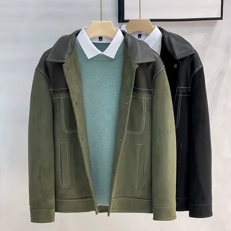男士夹克外套鹿皮绒拼接衬衫领加绒加厚保暖上衣秋冬季2023新款潮图片