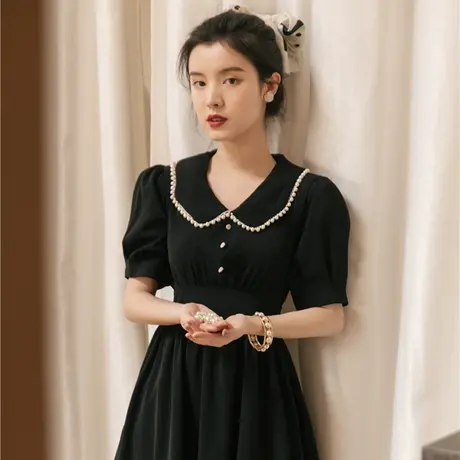 黑色小晚礼服连衣裙夏季平时可穿宴会主持人法式洋装学生娃娃领图片