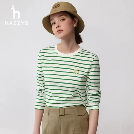 【直播专享】Hazzys哈吉斯春季基础内搭休闲衫红色条纹长袖T恤女商品大图