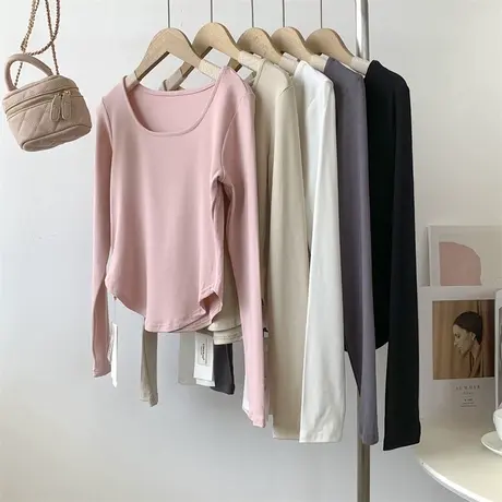 方领正肩长袖T恤女2024春季新款修身内搭打底衫短款小个子上衣服商品大图