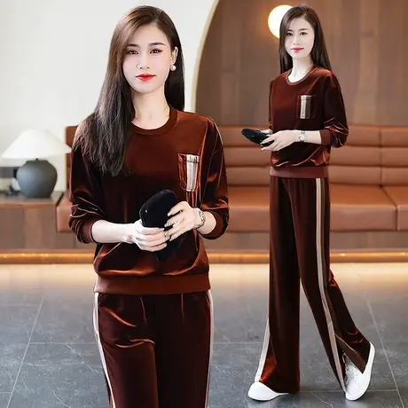 金丝绒休闲运动服套装女2024年春装新款时尚圆领卫衣直筒裤两件套图片