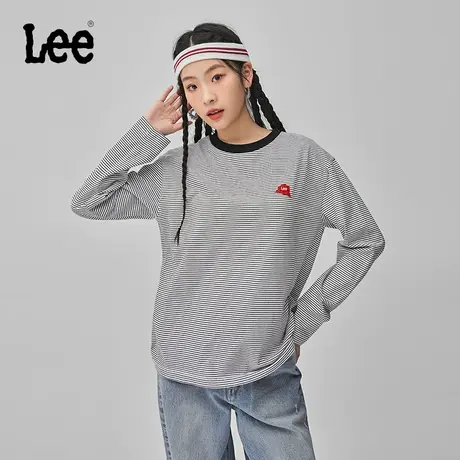 Lee商场同款24早春新品舒适版圆领绣花徽章细条纹白色女长袖T恤潮图片