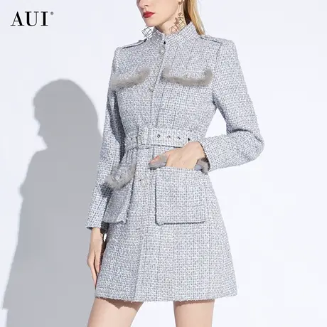 AUI灰色高端水貂毛小香风毛呢外套女2024早春新款中长款呢子大衣图片