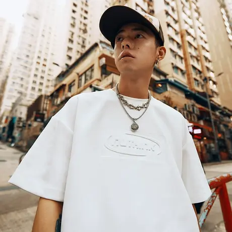 美式潮牌钢印字母麂皮t恤男潮中性风国潮潮流宽松短袖夏季半截袖商品大图