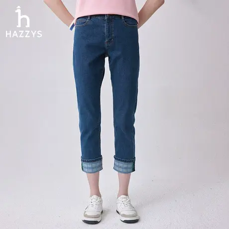 【商场同款】Hazzys哈吉斯直筒翻边牛仔裤女2024年春季休闲九分裤商品大图