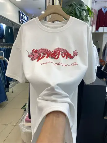 设计感字母中国龙印花短袖T恤女春装洋气宽松打底衫内搭显瘦上衣商品大图