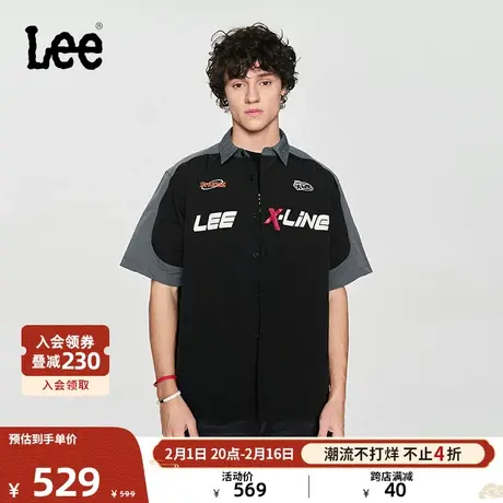Lee24春夏新品舒适版赛车元素字母印花设计翻领黑色男短袖衬衫潮图片