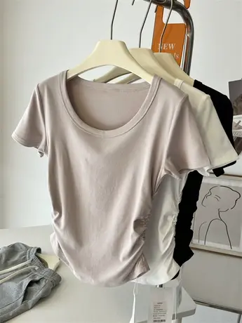 正肩大U领~设计感小众短袖t恤女夏季小个子修身收腰显瘦短款上衣图片