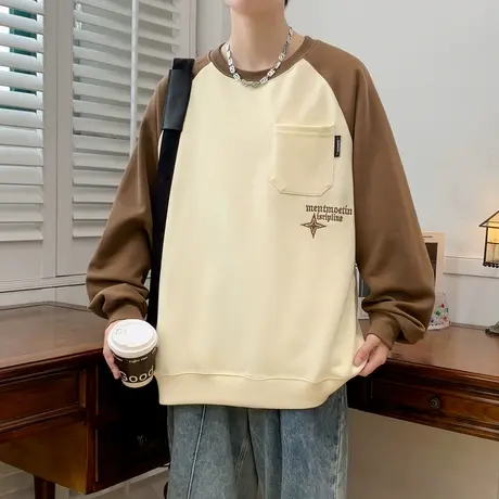 潮牌卫衣男春秋新款圆领长袖套头T恤重磅高街美式宽松上衣打底衫商品大图