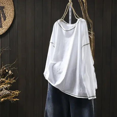 明线撞色拼接竹节棉长袖t恤女宽松大版遮肉春秋休闲百搭打底上衣商品大图