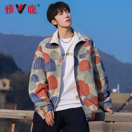 雅鹿新款男士夹克2024春秋季无性别提花立领印花潮流时尚宽松外套商品大图