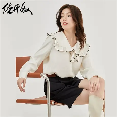 佐丹奴衬衫女装梭织撞色荷叶边娃娃领长袖薄休闲衬衫 18343914图片