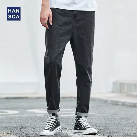 汉斯卡春秋季黑色哈伦直筒复古牛仔裤男青年大码宽松潮流休闲长裤商品大图
