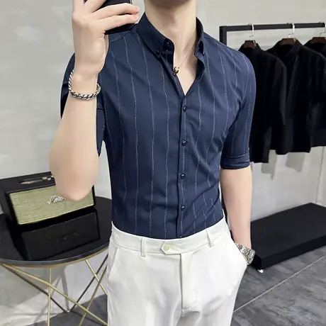 冰丝竖条纹显瘦显高衬衫男短袖夏季薄款商务休闲通勤修身半袖寸衣商品大图
