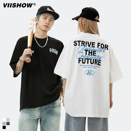 VIISHOW2024夏季美式国潮印花短袖T恤男宽松情侣街头复古休闲上衣图片