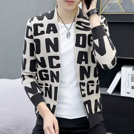 潮牌设计感字母刺绣外套男秋季休闲针织开衫外穿学生个性帅气毛衣商品大图