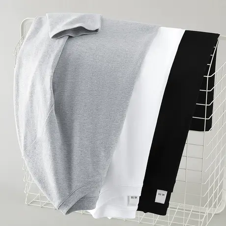 秋季长袖t恤男装纯棉纯色圆领上衣服潮流宽松全棉内搭打底衫秋衣商品大图