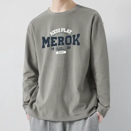 重磅棉感长袖t恤男士春秋美式复古体恤印花打底衫秋衣宽松上衣服图片