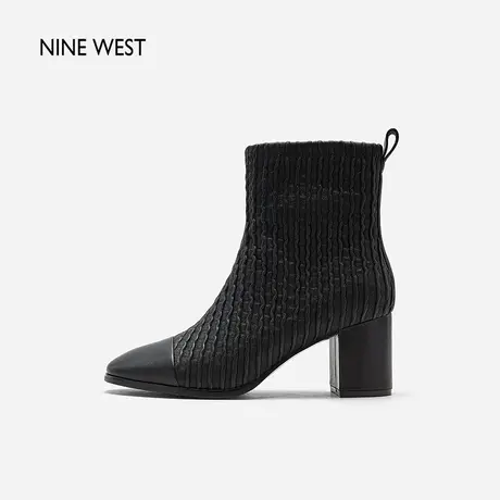 Nine West/玖熙水波棱条粗跟瘦瘦靴2023冬新款优雅肌理感拼接短靴商品大图
