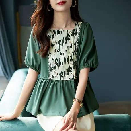 宝诗黎方领印花拼接雪纺衫2023夏季新款时尚休闲短袖套头减龄上衣商品大图