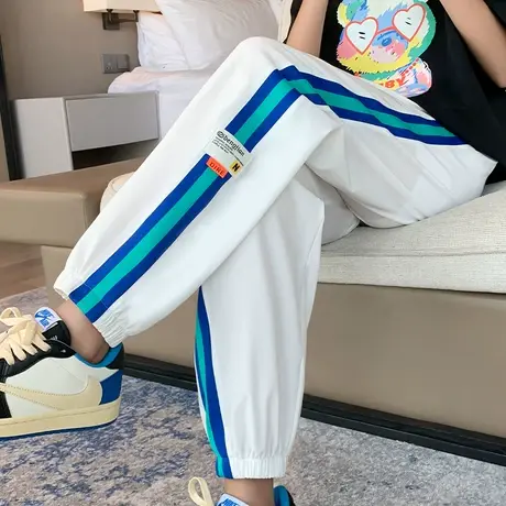 白色裤子女夏季薄款2022新款高腰冰丝宽松显瘦小个子休闲运动裤图片