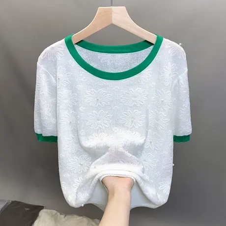 蕾丝圆领针织衫女2023春夏秋新款宽松外穿上衣镂空薄短袖t恤衫潮商品大图
