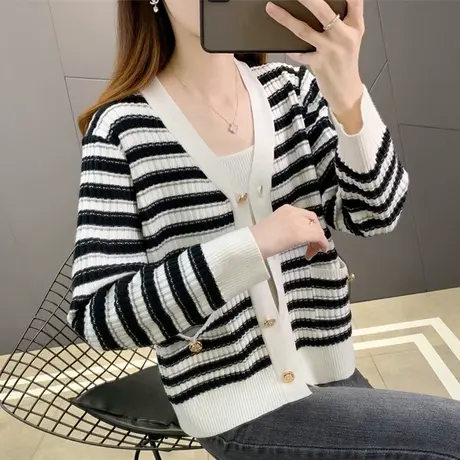 针织开衫女士外套2023年春秋新款爆款条纹针织外套宽松显瘦毛衣女图片