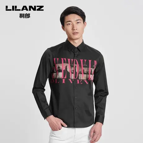 利郎长袖衬衫男棉质休闲时尚字母印花春季设计感衬衣商品大图