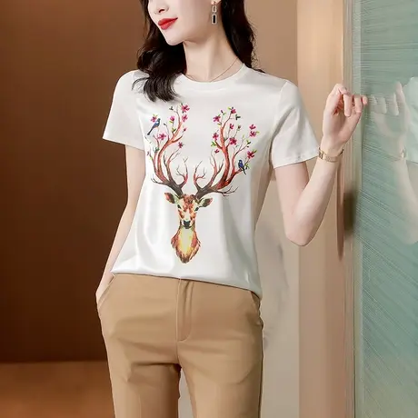2023新款夏季缎面短袖t恤女印花桑蚕丝女士宽松百搭显瘦真丝上衣商品大图