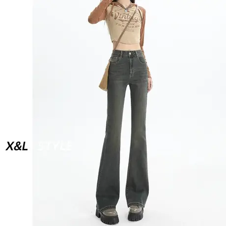 水泥灰色微喇牛仔裤女秋季2023新款高腰弹力显瘦美式复古喇叭裤子商品大图